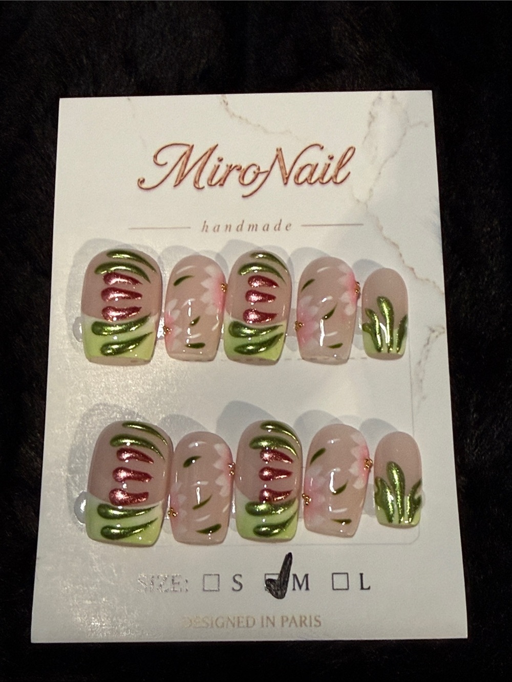 Handmade Pink Floral Green Accent Press-On Nails